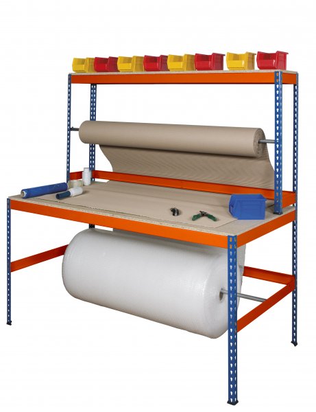 Wide Packing Station | 1830h x 1525w x 915d mm | 150kg Max Weight per Shelf | Blue & Orange | TradeMax UHD