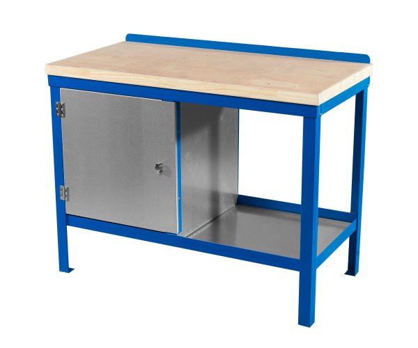 Heavy Duty Workbench | Solid Wood Worktop | LH Cupboard | 840h x 1200w x 600d mm | 1000kg Max Weight per Shelf | Blue | Benchmaster