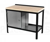 Heavy Duty Workbench | Solid Wood Worktop | LH Cupboard | 840h x 1200w x 600d mm | 1000kg Max Weight per Shelf | Black | Benchmaster