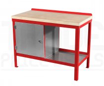 Heavy Duty Workbench | Solid Wood Worktop | LH Cupboard | 840h x 1200w x 600d mm | 1000kg Max Weight per Shelf | Red | Benchmaster