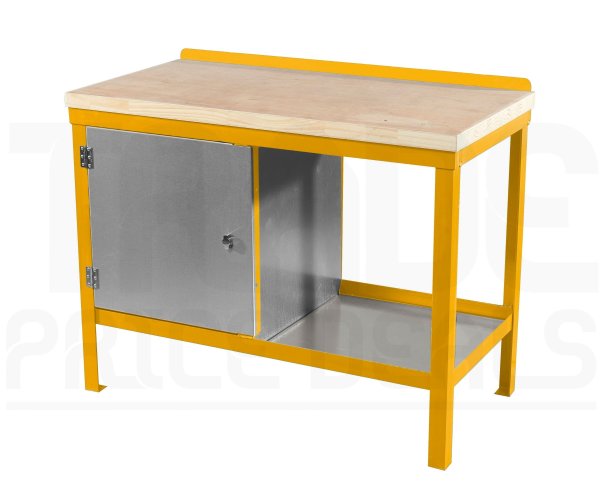Heavy Duty Workbench | Solid Wood Worktop | LH Cupboard | 840h x 1200w x 600d mm | 1000kg Max Weight per Shelf | Yellow | Benchmaster