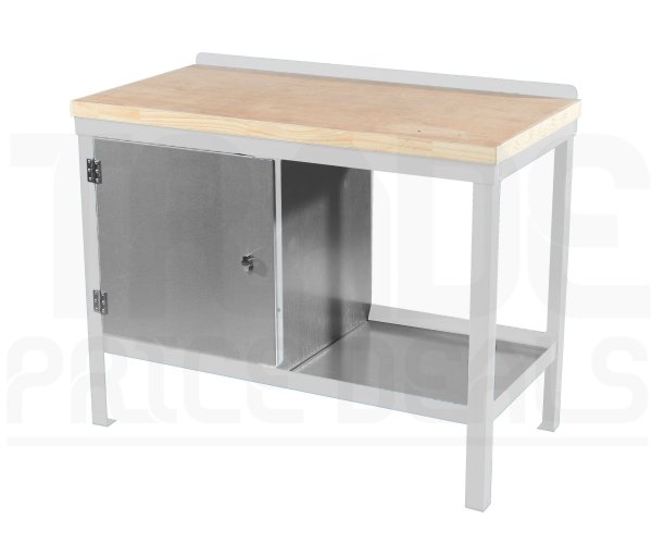 Heavy Duty Workbench | Solid Wood Worktop | LH Cupboard | 840h x 1200w x 600d mm | 1000kg Max Weight per Shelf | White | Benchmaster