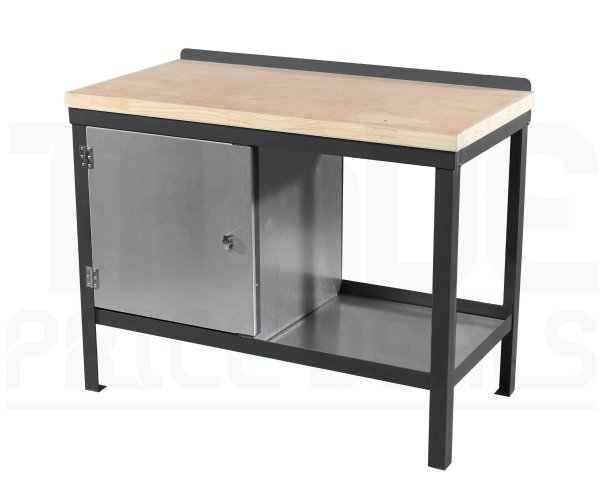 Heavy Duty Workbench | Solid Wood Worktop | LH Cupboard | 840h x 1200w x 600d mm | 1000kg Max Weight per Shelf | Dark Grey | Benchmaster