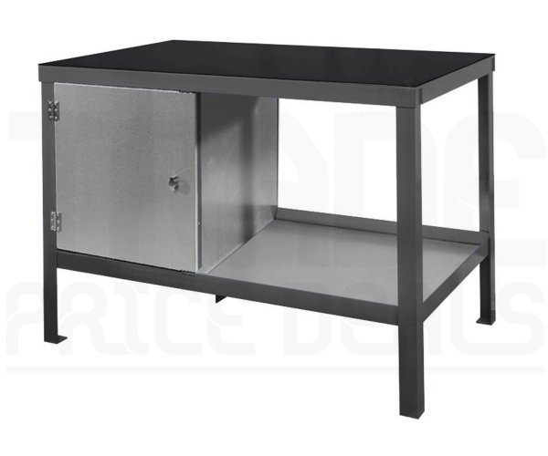 Heavy Duty Workbench | Rubber Bonded to Steel Worktop | LH Cupboard | 840h x 1200w x 600d mm | 1000kg Max Weight per Shelf | Dark Grey | Benchmaster
