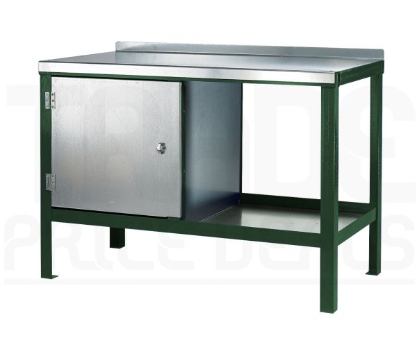 Heavy Duty Workbench | Steel Worktop | LH Cupboard | 840h x 1200w x 600d mm | 1000kg Max Weight per Shelf | Green | Benchmaster