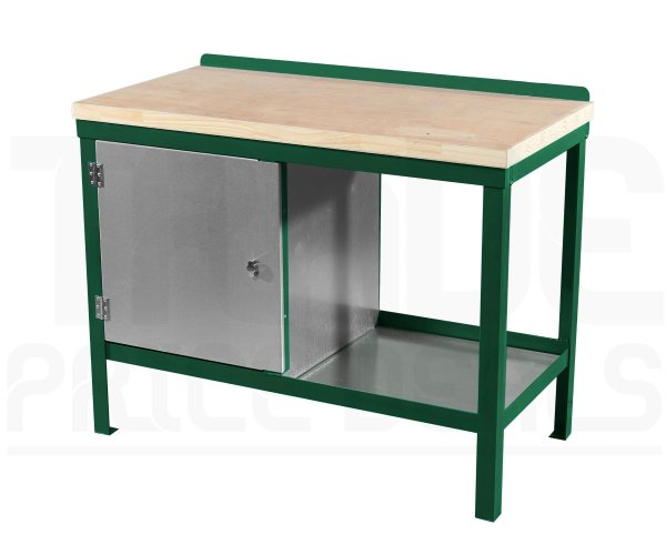 Heavy Duty Workbench | Solid Wood Worktop | LH Cupboard | 840h x 1200w x 600d mm | 1000kg Max Weight per Shelf | Green | Benchmaster