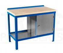Heavy Duty Workbench | Solid Wood Worktop | RH Cupboard | 840h x 1200w x 600d mm | 1000kg Max Weight per Shelf | Blue | Benchmaster