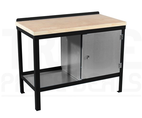 Heavy Duty Workbench | Solid Wood Worktop | RH Cupboard | 840h x 1200w x 600d mm | 1000kg Max Weight per Shelf | Black | Benchmaster