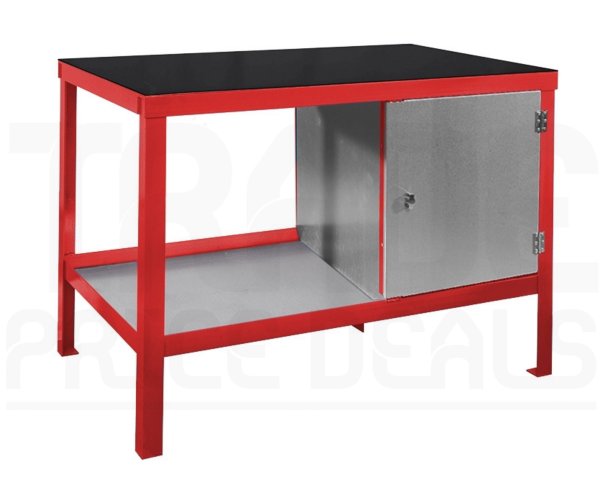 Heavy Duty Workbench | Rubber Bonded to Steel Worktop | RH Cupboard | 840h x 1200w x 600d mm | 1000kg Max Weight per Shelf | Red | Benchmaster
