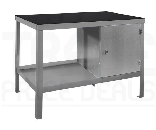 Heavy Duty Workbench | Rubber Bonded to Steel Worktop | RH Cupboard | 840h x 1200w x 600d mm | 1000kg Max Weight per Shelf | Silver | Benchmaster