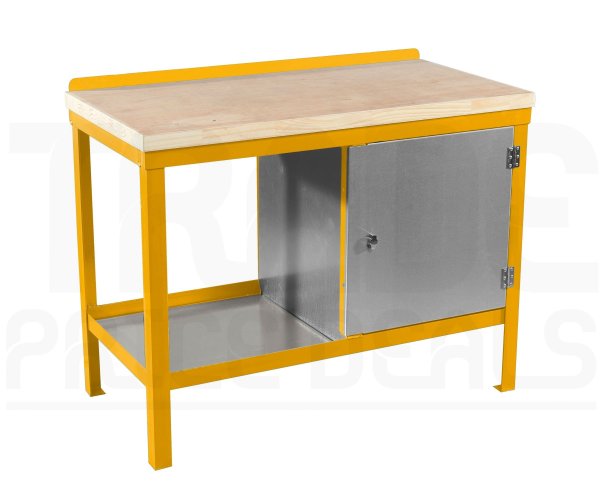 Heavy Duty Workbench | Solid Wood Worktop | RH Cupboard | 840h x 1200w x 600d mm | 1000kg Max Weight per Shelf | Yellow | Benchmaster
