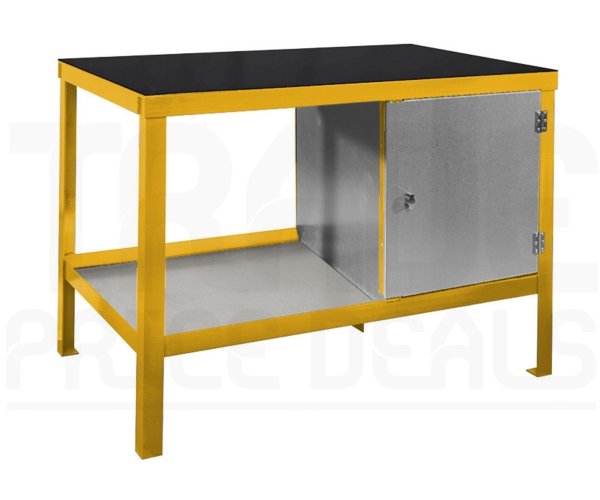 Heavy Duty Workbench | Rubber Bonded to Steel Worktop | RH Cupboard | 840h x 1200w x 600d mm | 1000kg Max Weight per Shelf | Yellow | Benchmaster