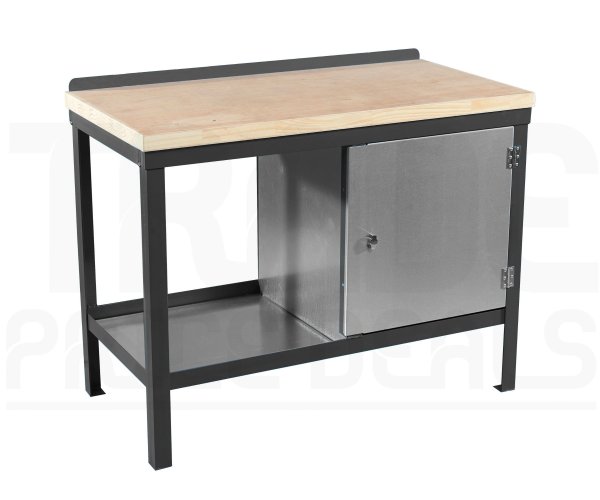 Heavy Duty Workbench | Solid Wood Worktop | RH Cupboard | 840h x 1200w x 600d mm | 1000kg Max Weight per Shelf | Dark Grey | Benchmaster