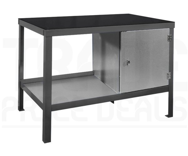 Heavy Duty Workbench | Rubber Bonded to Steel Worktop | RH Cupboard | 840h x 1500w x 600d mm | 1000kg Max Weight per Shelf | Dark Grey | Benchmaster