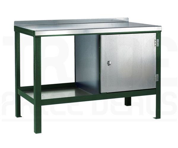Heavy Duty Workbench | Steel Worktop | RH Cupboard | 840h x 1200w x 600d mm | 1000kg Max Weight per Shelf | Green | Benchmaster