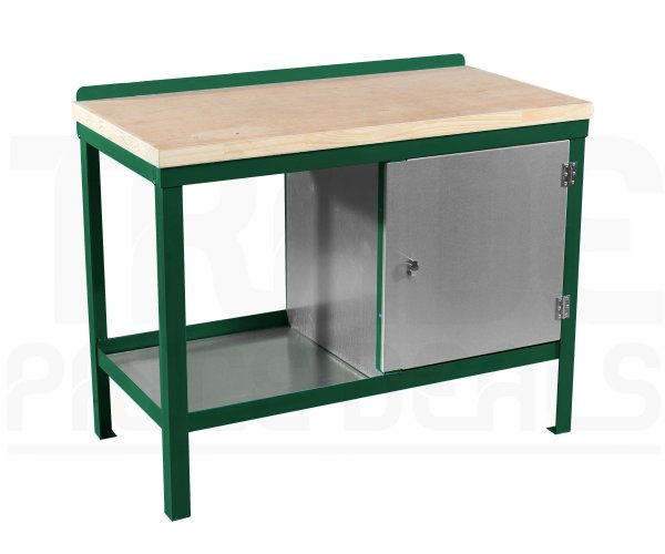 Heavy Duty Workbench | Solid Wood Worktop | RH Cupboard | 840h x 1200w x 600d mm | 1000kg Max Weight per Shelf | Green | Benchmaster
