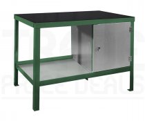 Heavy Duty Workbench | Rubber Bonded to Steel Worktop | RH Cupboard | 840h x 1200w x 600d mm | 1000kg Max Weight per Shelf | Green | Benchmaster