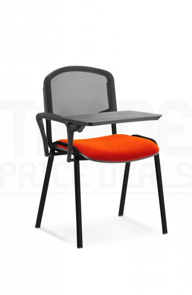Stacking Chair | Right Handed Foldaway Writing Kit | Black Frame | Mesh Back | Tabasco Orange Seat | ISO