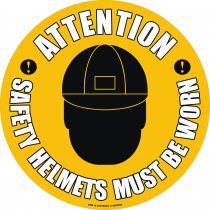 PROline Floor Sign | Attention Safety Helmets Must Be Worn | 430mm Diameter | Anti Slip Vinyl Sticker With Self Adhesive Backing