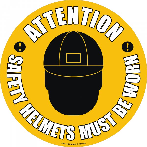 PROline Floor Sign | Attention Safety Helmets Must Be Worn | 430mm Diameter | Anti Slip Vinyl Sticker With Self Adhesive Backing