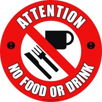 PROline Floor Sign | Attention No Food Or Drink | 430mm Diameter | Anti Slip Vinyl Sticker With Self Adhesive Backing