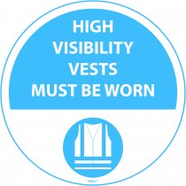 PROline Floor Sign | High Visibility Vests Must Be Worn | Blue/White | 430mm Diameter | Anti Slip Vinyl Sticker With Self Adhesive Backing