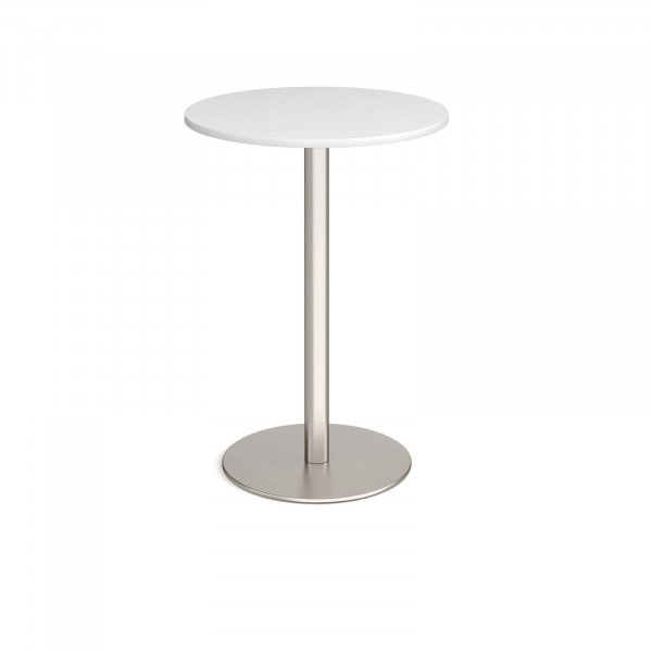 Circular Poseur Table | 800 x 800mm | 1100mm High | White | Round Brushed Steel Base | Monza
