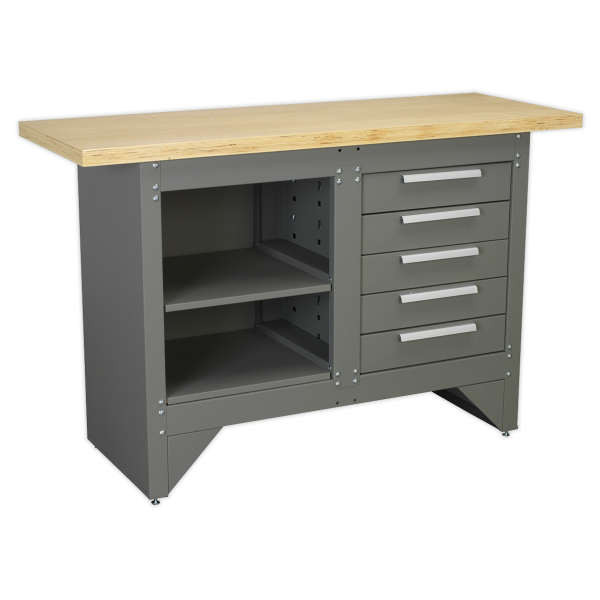 Industrial Workbench | 865h x 1372w x 508d mm | 5 Drawers & 2 Open Shelves | 250kg UDL | Sealey