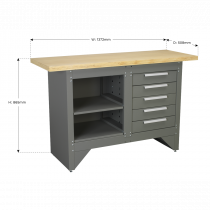 Industrial Workbench | 865h x 1372w x 508d mm | 5 Drawers & 2 Open Shelves | 250kg UDL | Sealey