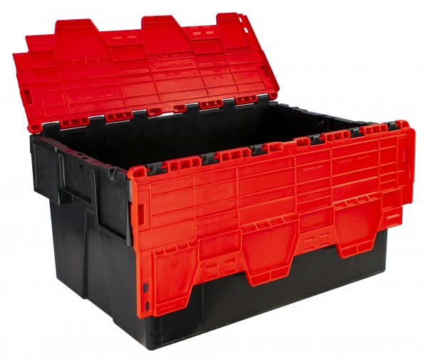 Pack of 2 Attached Lid Tote Boxes | 310h x 400w x 600d mm | 56 Litre | Recycled Base | Red Lid