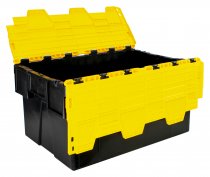 Pack of 2 Attached Lid Tote Boxes | 310h x 400w x 600d mm | 56 Litre | Recycled Base | Yellow Lid