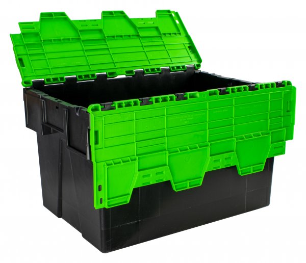 Pack of 2 Attached Lid Tote Boxes | 365h x 400w x 600d mm | 65 Litre | Recycled Base | Green Lid