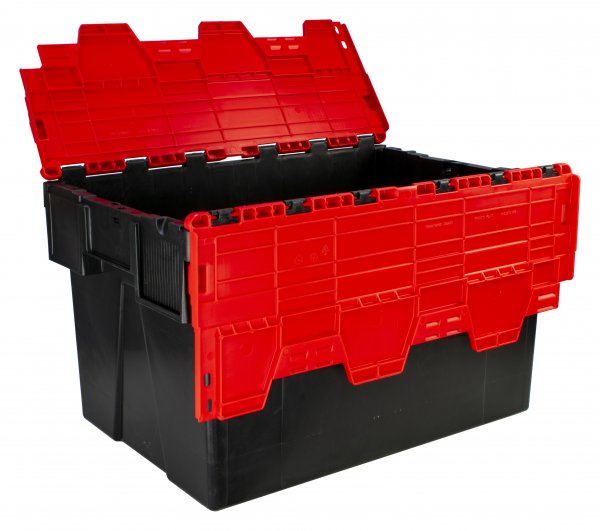 Pack of 2 Attached Lid Tote Boxes | 365h x 400w x 600d mm | 65 Litre | Recycled Base | Red Lid