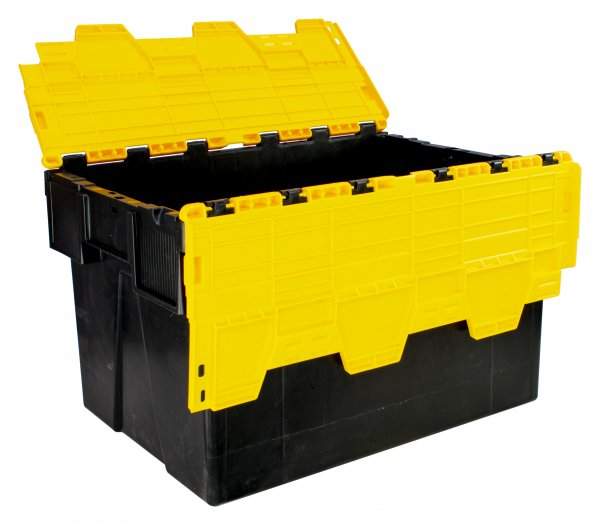 Pack of 2 Attached Lid Tote Boxes | 365h x 400w x 600d mm | 65 Litre | Recycled Base | Yellow Lid