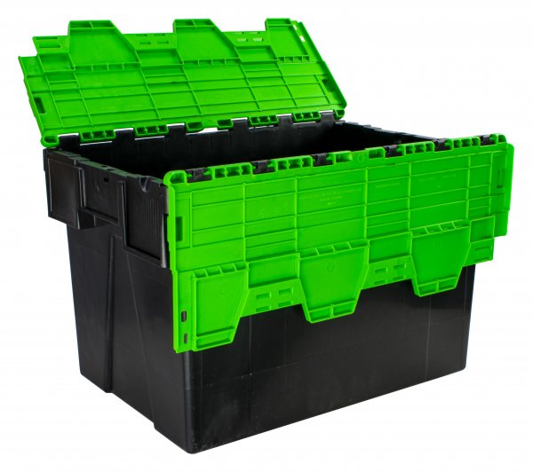 Pack of 2 Attached Lid Tote Boxes | 400h x 400w x 600d mm | 77 Litre | Recycled Base | Green Lid
