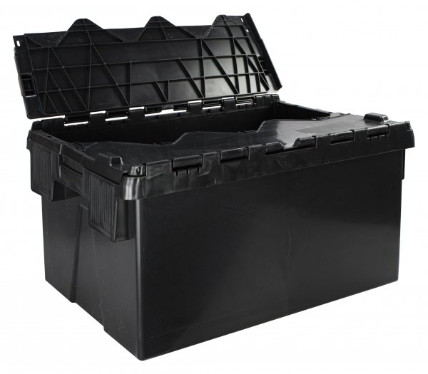 Pack of 2 Eco Tote Boxes | Attached Lid | 310h x 400w x 600d mm | 60 Litre | Recycled Black