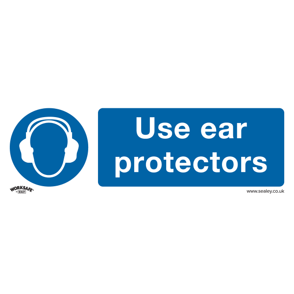 Mandatory PPE Safety Sign | Use Ear Protectors | Self Adhesive Vinyl | Pack of 10 | Sealey