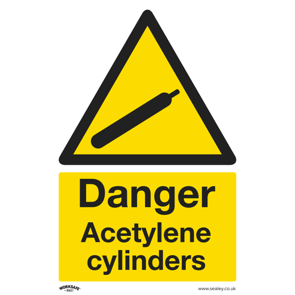 Warning Safety Sign | Danger Acetylene Cylinders | Self Adhesive Vinyl | Single | Sealey