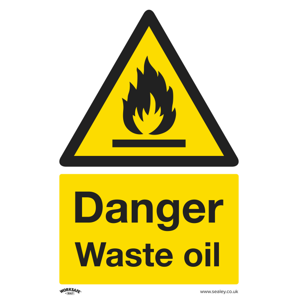 Warning Safety Sign | Danger Waste Oil | Rigid Plastic | Pack of 10 | Sealey