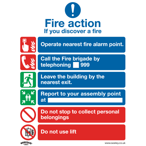 Fire Safety Sign | Fire Action with Lift | Rigid Plastic | Pack of 10 | Sealey