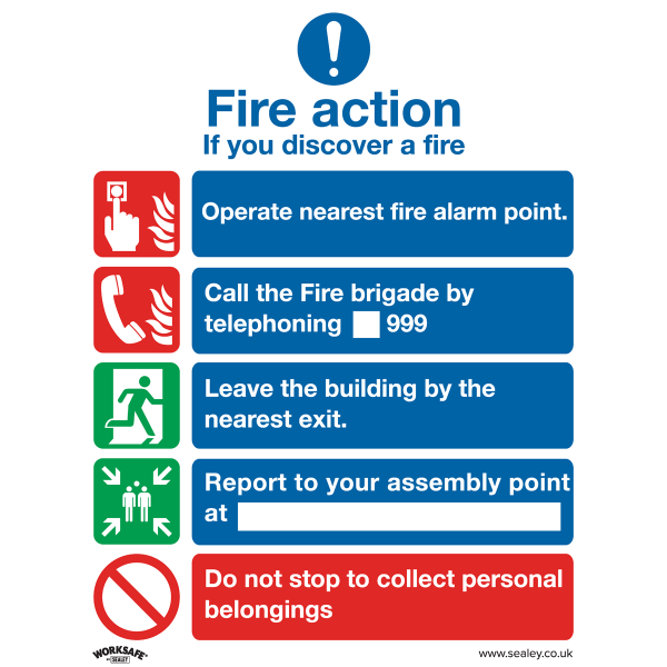 Fire Safety Sign | Fire Action without Lift | Rigid Plastic | Single | Sealey