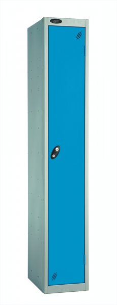 Single Metal Storage Locker | Single Door | 1780 x 305 x 305mm | Silver Carcass | Blue Door | Cam Lock | Probe