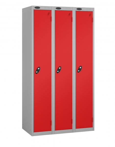 Nest of 3 Metal Storage Lockers | Single Door | 1780 x 380 x 380mm | Silver Carcass | Red Door | Cam Lock | Probe