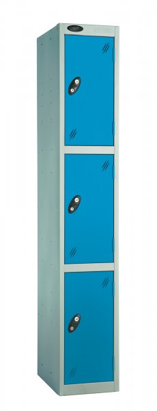 Single Metal Storage Locker | 3 Doors | 1780 x 305 x 305mm | Silver Carcass | Blue Door | Cam Lock | Probe
