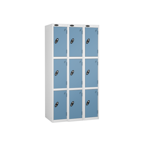 Nest of 3 Metal Storage Lockers | 3 Doors | 1780 x 305 x 305mm | White Carcass | Ocean Door | Cam Lock | Probe