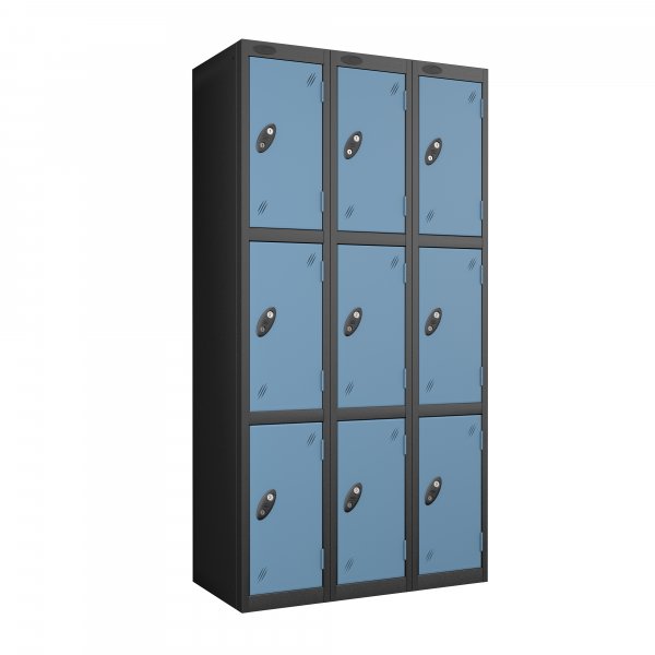 Nest of 3 Metal Storage Lockers | 3 Doors | 1780 x 305 x 305mm | Black Carcass | Ocean Door | Cam Lock | Probe