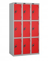 Nest of 3 Metal Storage Lockers | 3 Doors | 1780 x 305 x 305mm | Silver Carcass | Red Door | Cam Lock | Probe