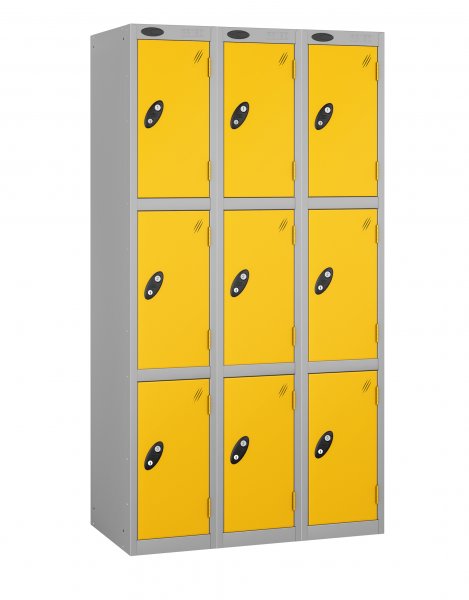 Nest of 3 Metal Storage Lockers | 3 Doors | 1780 x 305 x 305mm | Silver Carcass | Yellow Door | Cam Lock | Probe