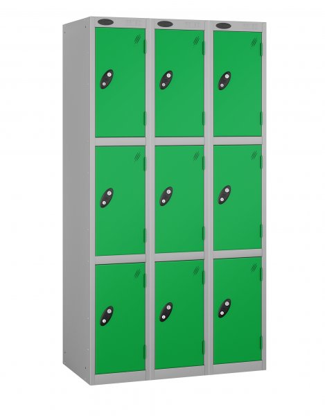 Nest of 3 Metal Storage Lockers | 3 Doors | 1780 x 305 x 305mm | Silver Carcass | Green Door | Cam Lock | Probe