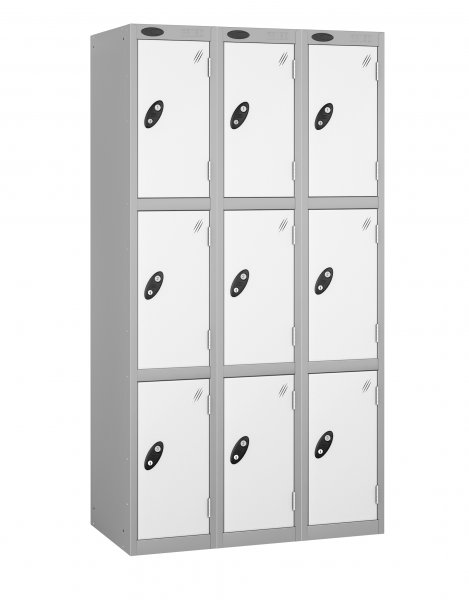 Nest of 3 Metal Storage Lockers | 3 Doors | 1780 x 305 x 305mm | Silver Carcass | White Door | Cam Lock | Probe